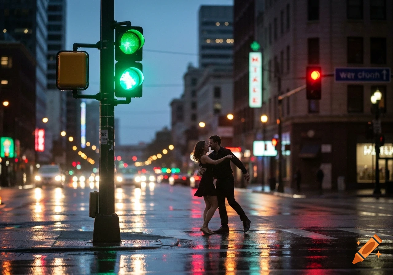 A couple dances in the middle of a wet city street at night, with traffic lights and car headlights reflecting on the pavement.