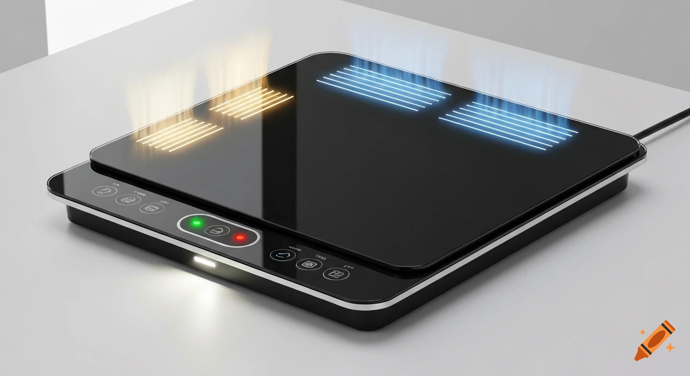 A minimalist, glossy black rectangular heating and cooling plate with illuminated touch-sensitive controls and a power cord on a white surface.