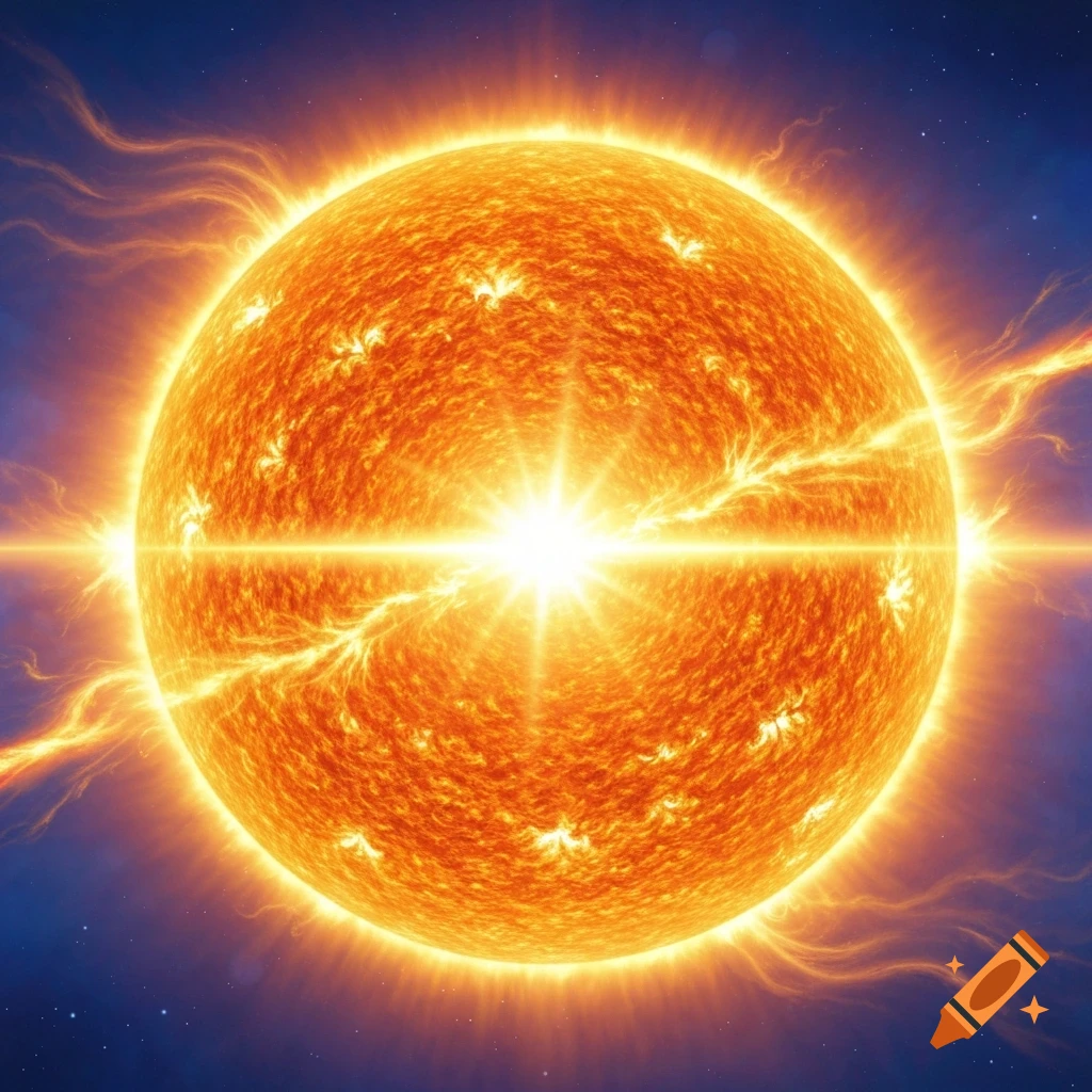 A vibrant, glowing orange sun with bright solar flares against a deep blue starry space background.