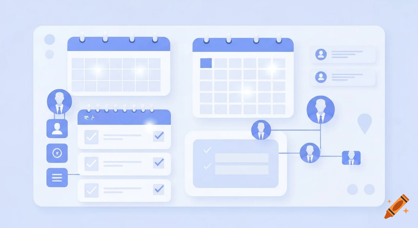 A clean, modern digital scheduling and coordination interface showing calendar widgets, checklists, and connected user icons in soft blue and white.