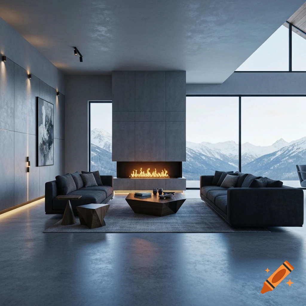 A modern luxury living room with a large fireplace, two dark gray sofas, and floor-to-ceiling windows overlooking snowy mountains.