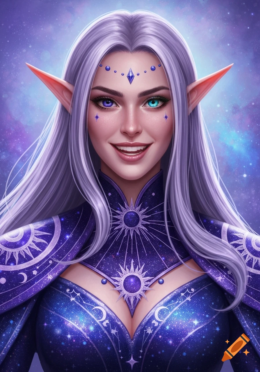 Fantasy elf woman with long light purple hair, heterochromatic eyes, and a starry blue and purple outfit.