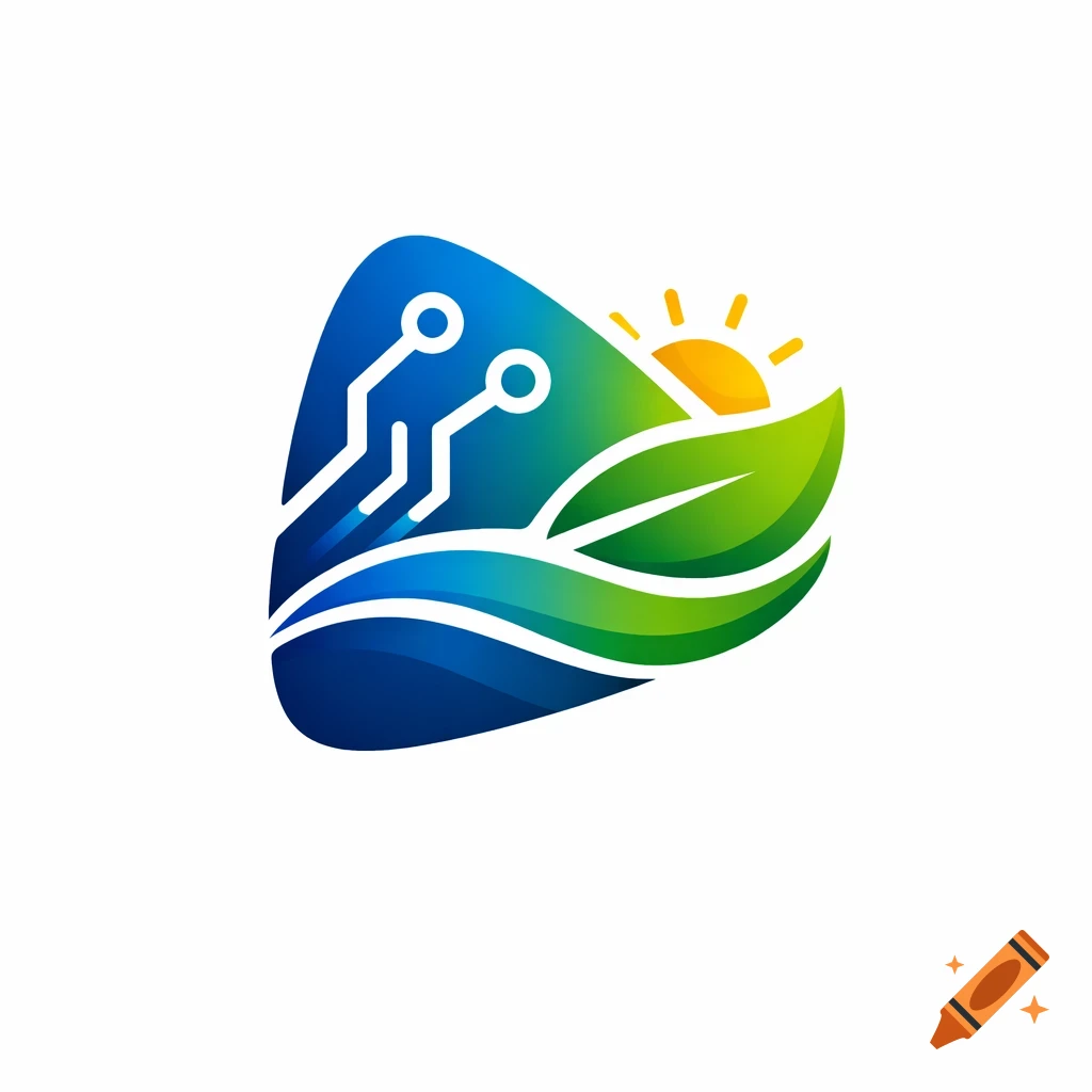 A modern logo featuring a circuit board pattern, a yellow sun, and green leaves within an abstract blue and green shape.