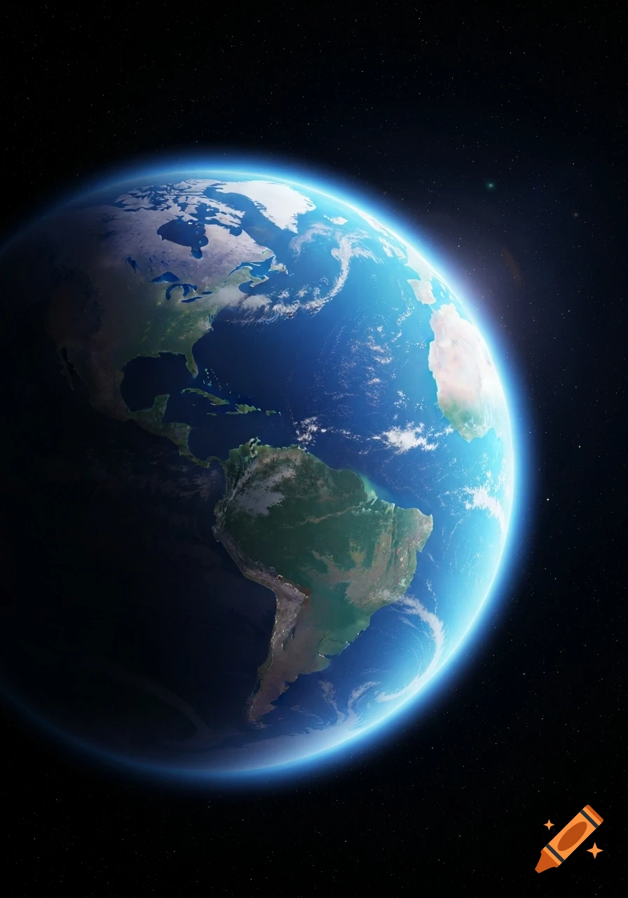 Photorealistic view of Planet Earth from space, showing North and South America, and Africa, illuminated by sunlight.