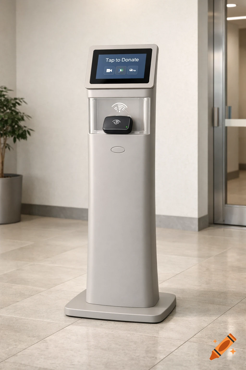 Photorealistic image of a sleek, grey donation kiosk with a tablet displaying 'Tap to Donate' and an NFC reader in a modern building lobby.