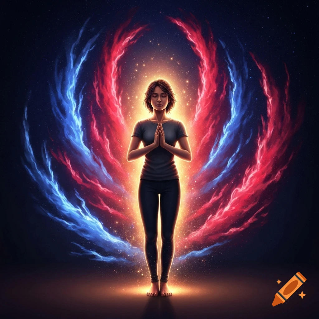 A person meditating with hands clasped, enveloped by a vibrant red and blue cosmic energy aura on a dark, starry background.