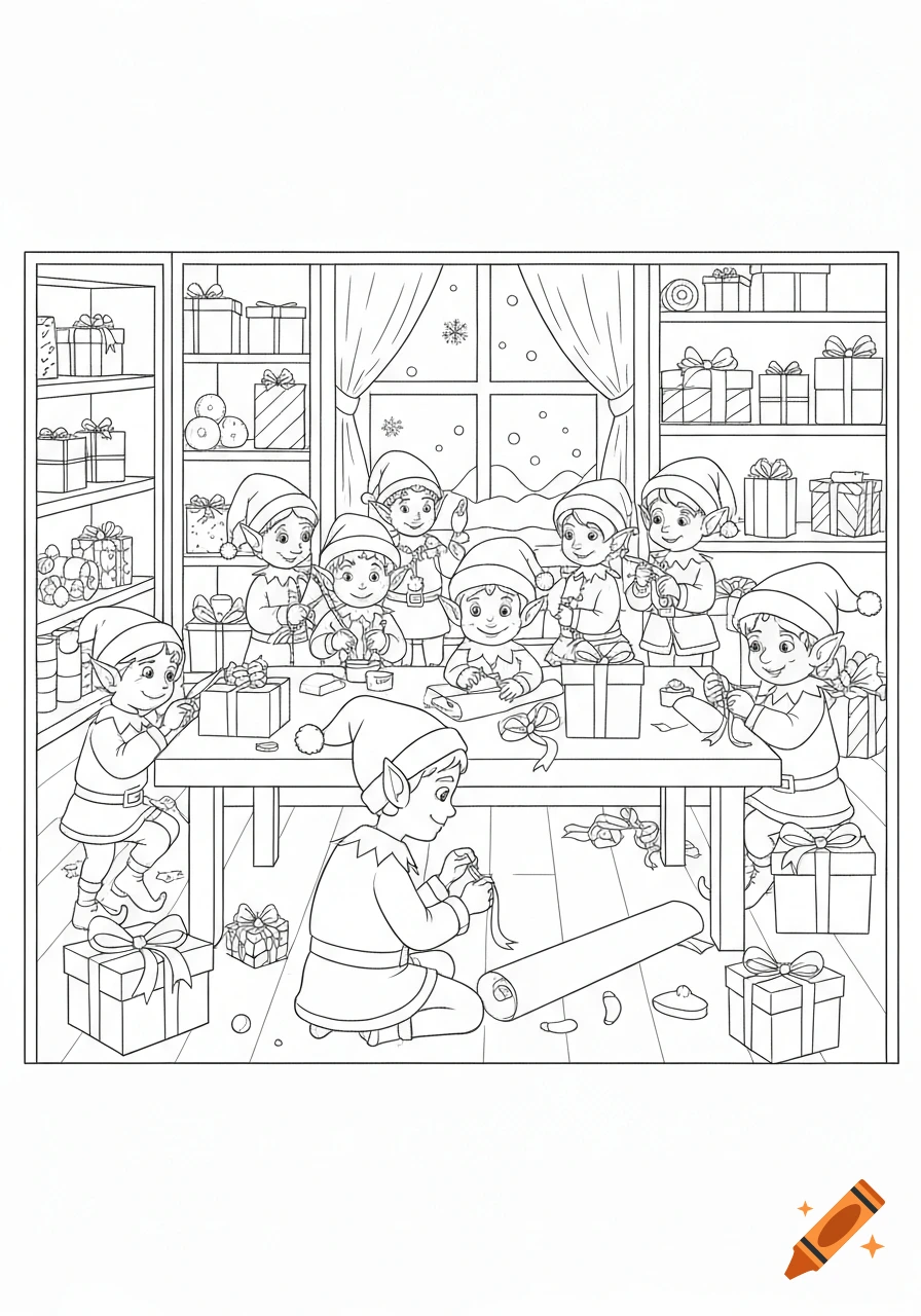 Black and white line drawing of many elves in a workshop, cheerfully wrapping Christmas presents.