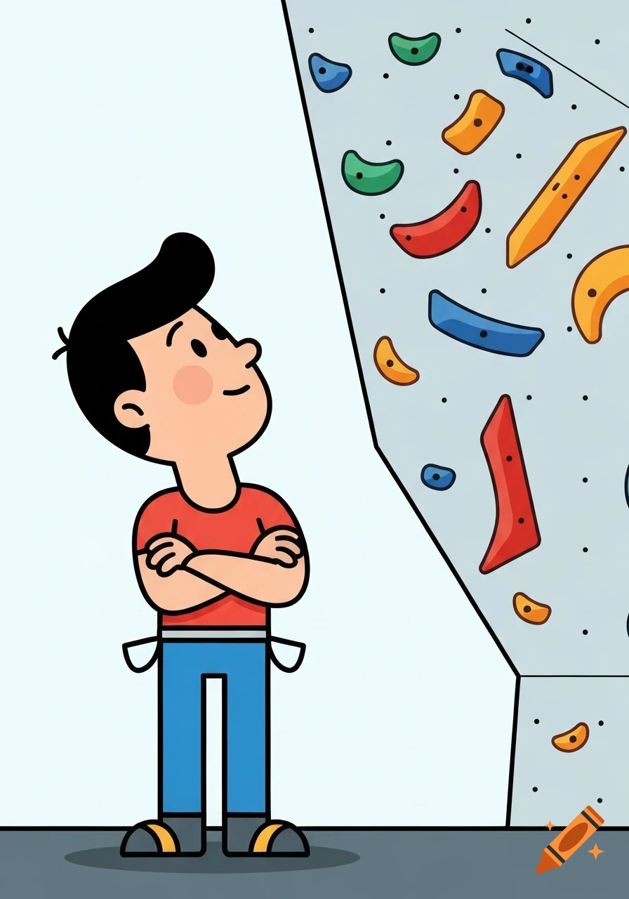 A cartoon person with crossed arms looking up at a colorful indoor rock climbing wall.