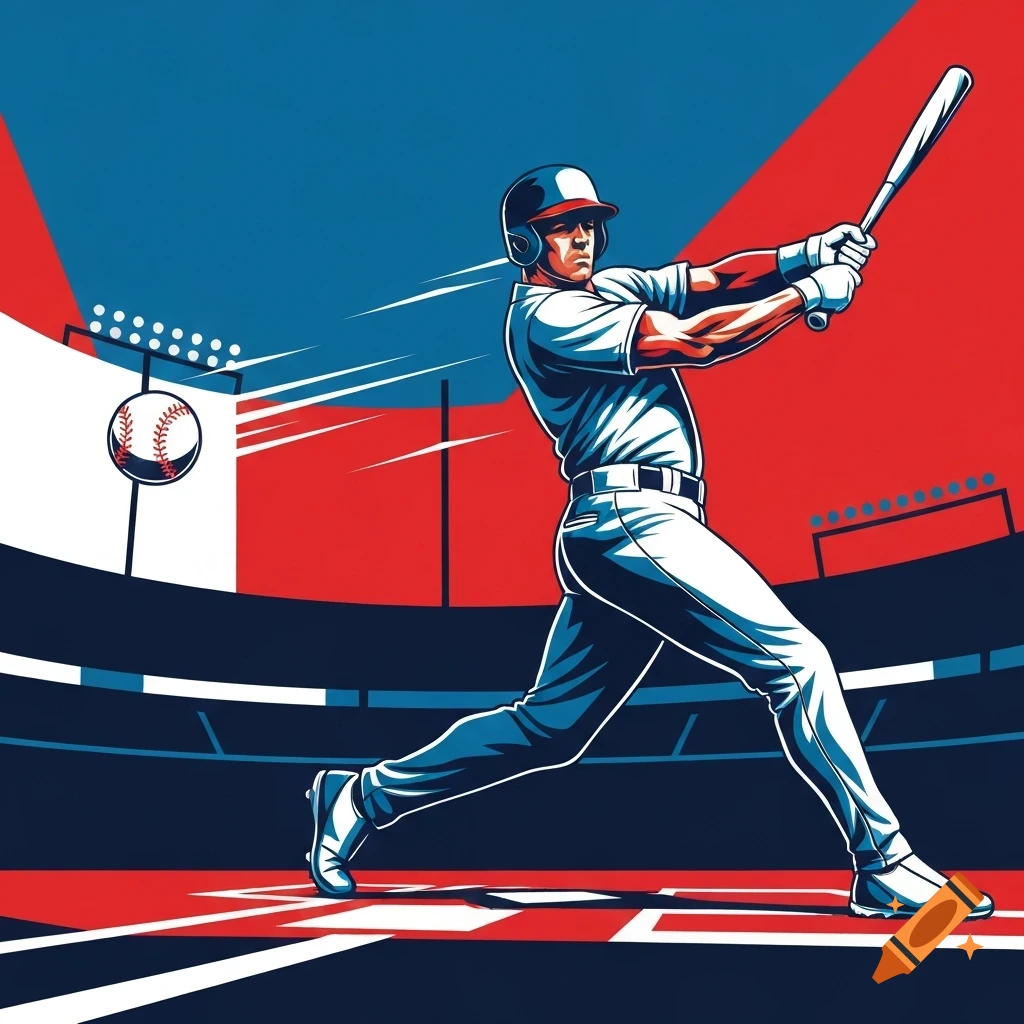 Vector art illustration of a baseball player swinging a bat in a stadium, rendered in red, blue, and white.