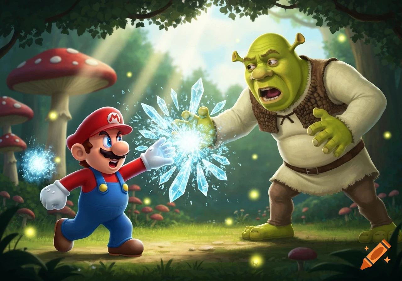 Mario and Shrek in a magical forest. Mario blasts ice at Shrek, who recoils in surprise amidst giant mushrooms and glowing lights.