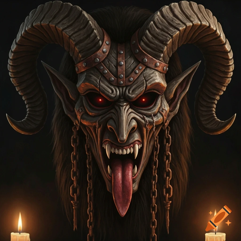Close-up of a fearsome Krampus mask with large horns, glowing red eyes, sharp fangs, and a long tongue, flanked by chains and two lit candles.