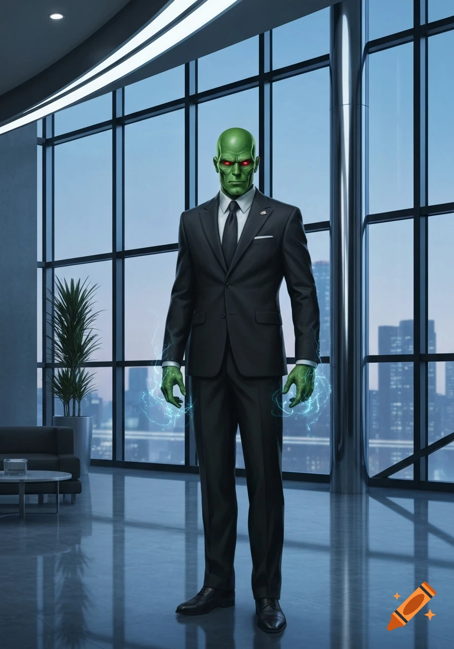 A green-skinned Martian Manhunter in a black business suit with glowing blue energy on his hands stands in a modern office with large windows.