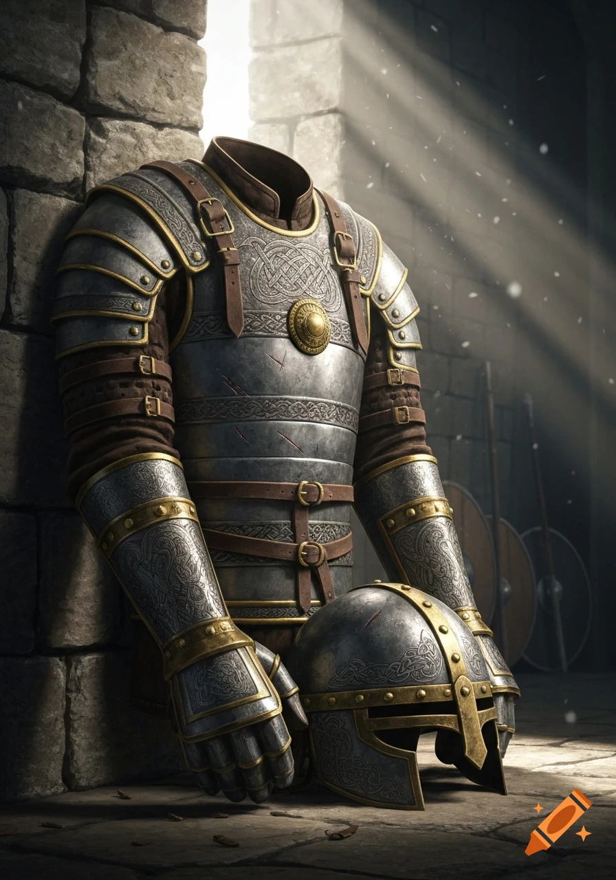 A detailed suit of ancient Viking-style armor and a helmet leaning against a stone wall, with light rays shining through a doorway.