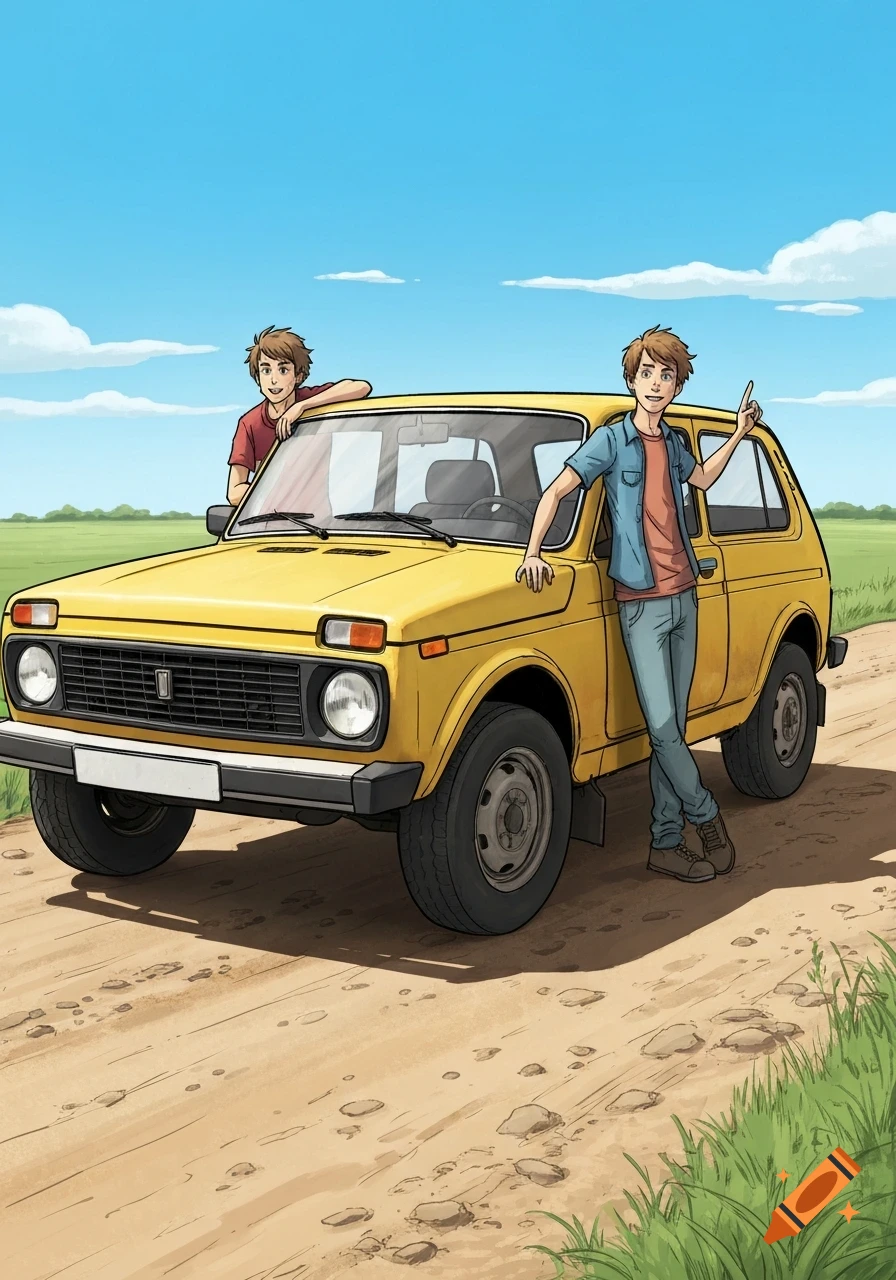 Two boys in casual clothes pose next to a yellow Lada car on a dirt road in a field under a blue sky, in a drawing style.