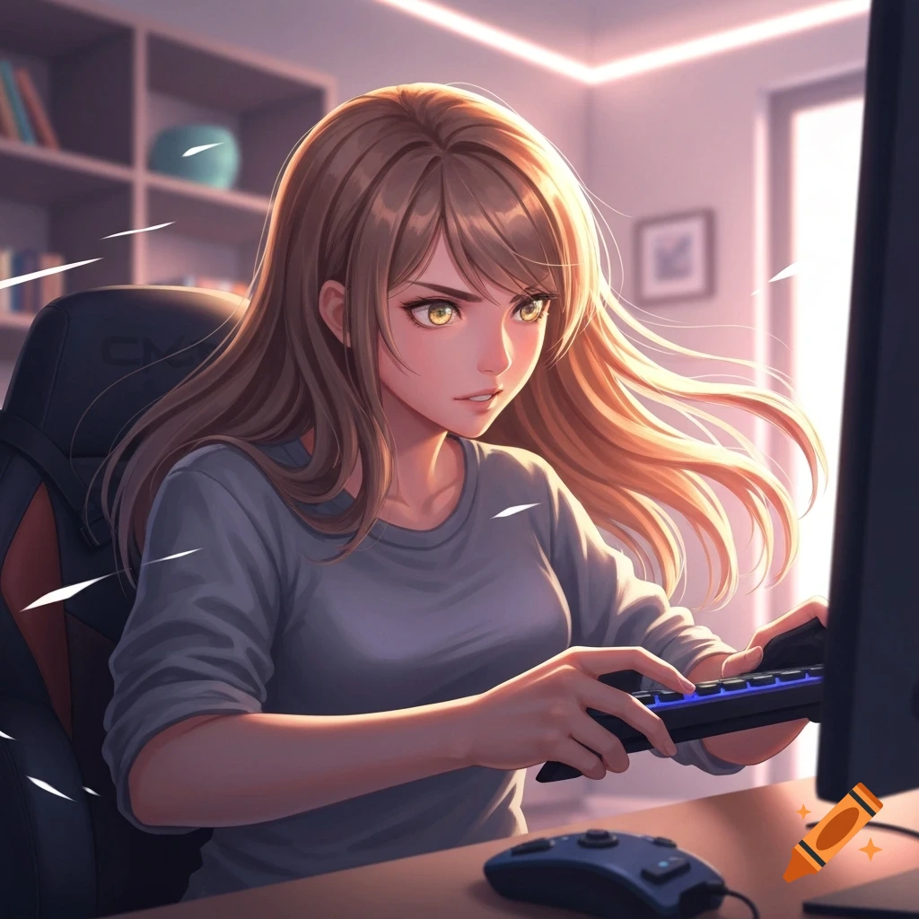Anime girl with long brown hair intently playing a video game on a computer, holding a controller in a room with warm lighting.