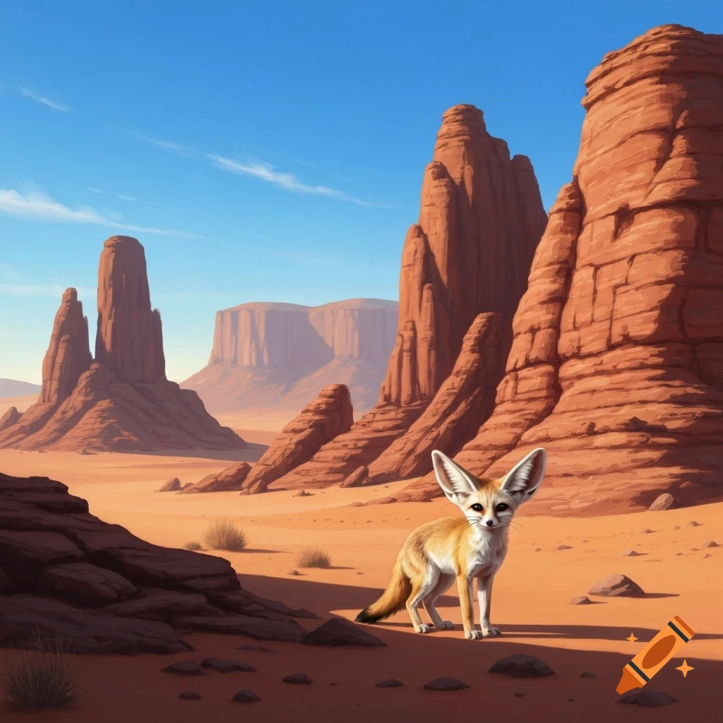 A fennec fox stands in a vast desert landscape with towering red rock formations under a clear blue sky.