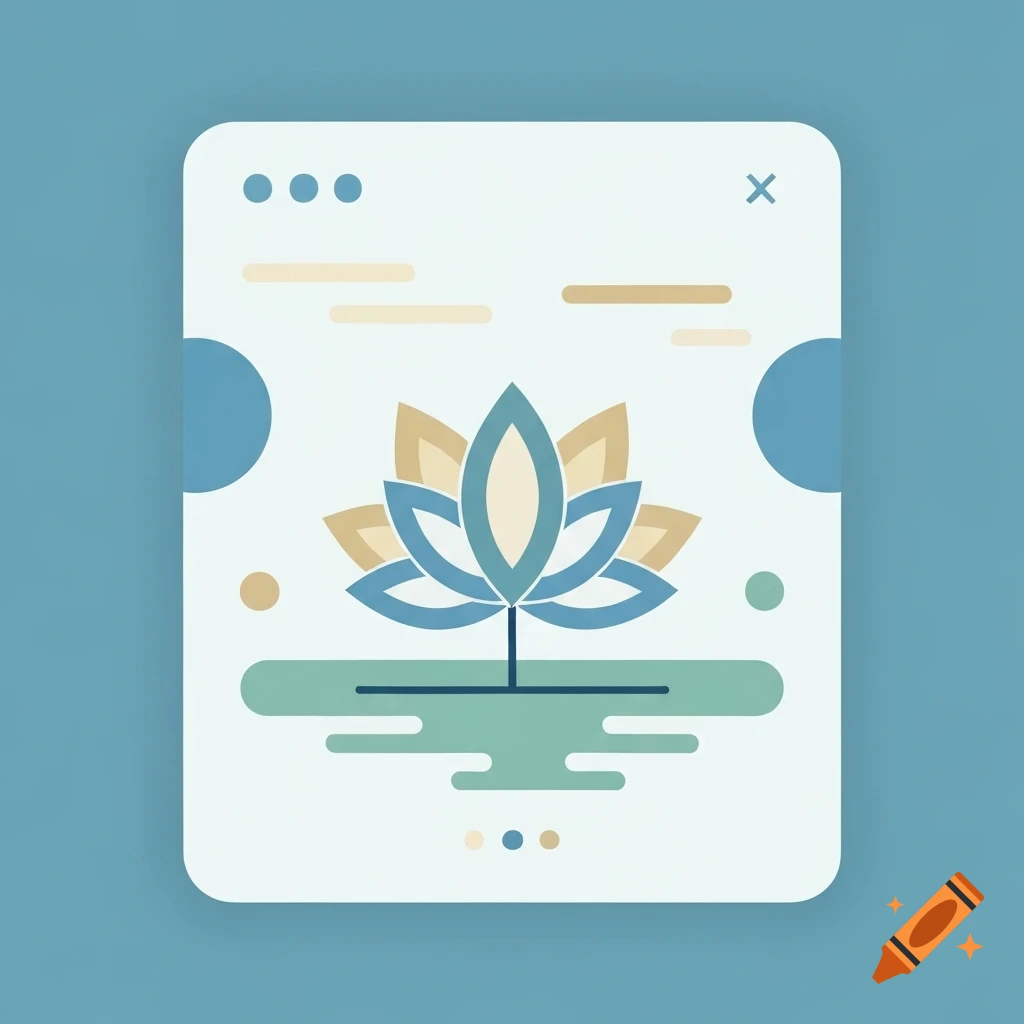 Minimalist blue and beige lotus flower icon in a rounded white window on a blue background.
