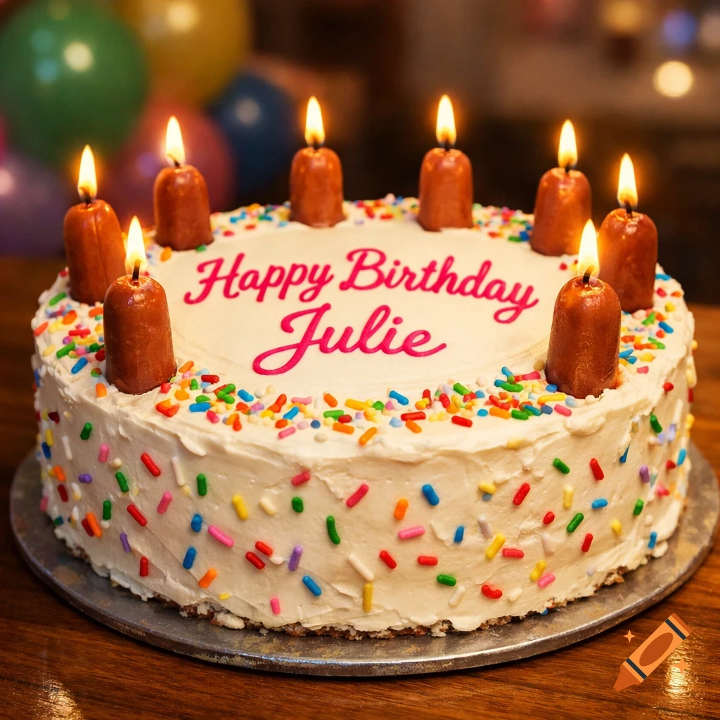 Photorealistic birthday cake with white frosting, colorful sprinkles, "Happy Birthday Julie" text, and hot dog shaped candles with flames.