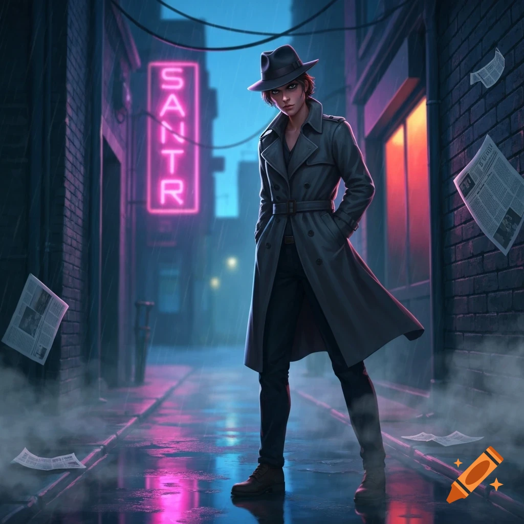 A young detective in a trench coat and fedora stands in a neon-lit, rainy alleyway.