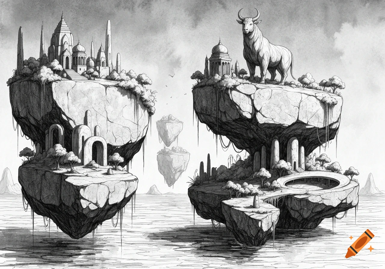 Black and white sketch of two large floating islands above water, one featuring temples and the other a massive bull, in an imaginary landscape.