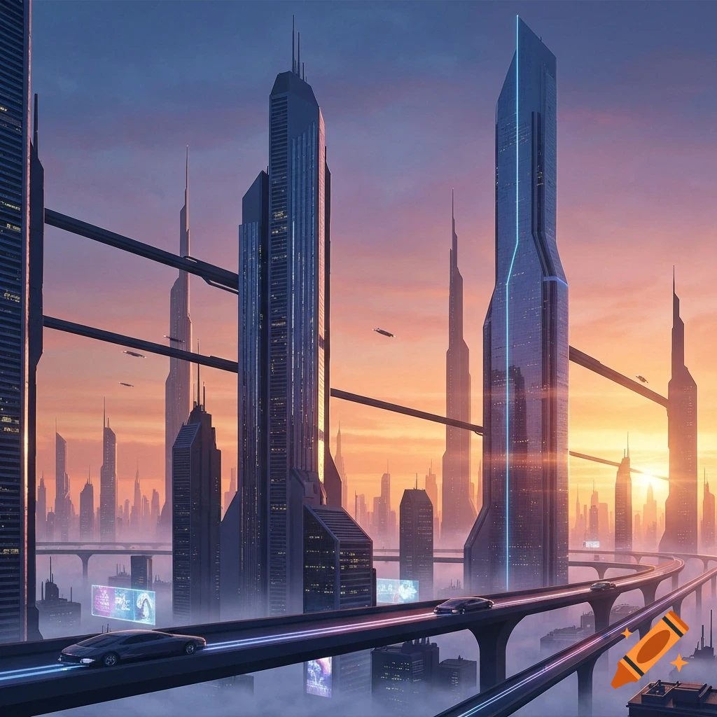 Vibrant futuristic cityscape at sunrise with towering skyscrapers ...