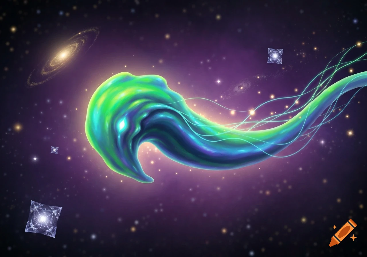A glowing, vibrant green and blue abstract jellyfish-like creature with tendrils floats in a purple and blue starry outer space with distant galaxies.