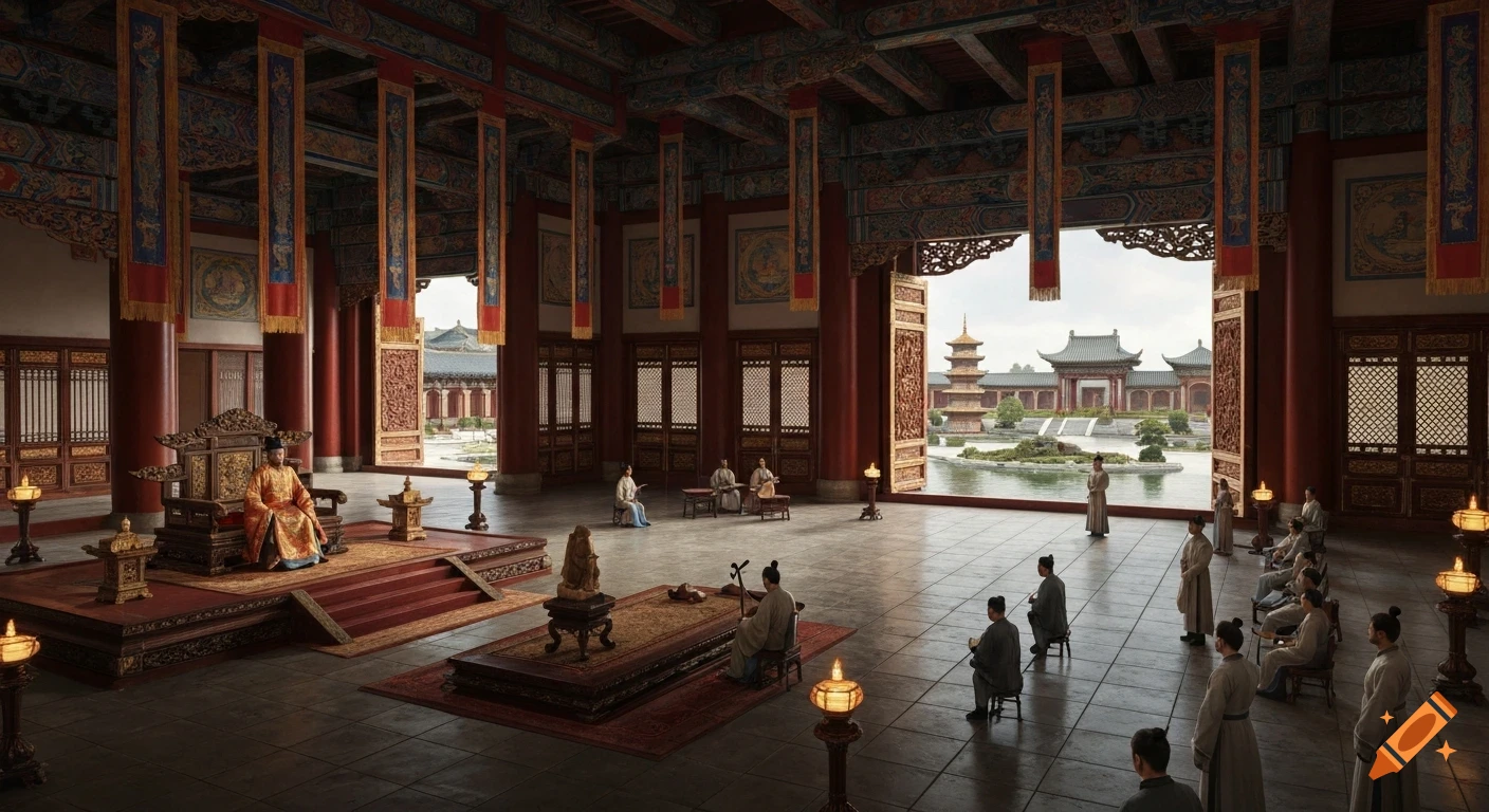 Photorealistic Tang dynasty imperial palace interior. An Emperor on a throne in a grand hall with court officials, musicians, and courtyards visible.