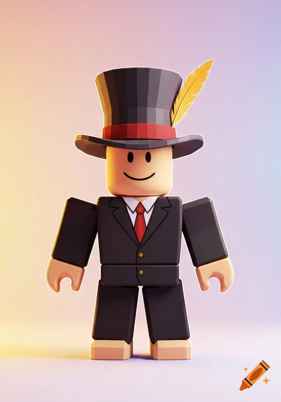 A 3D render of a Roblox character in a black suit, red tie, and a black top hat with a yellow feather, against a colorful gradient background.