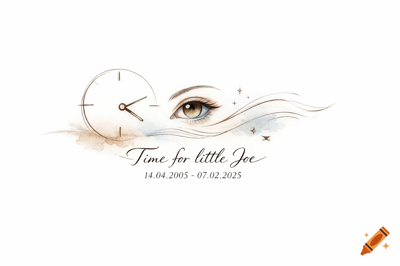 Watercolor tattoo design with a clock, a brown and blue eye, delicate lines, and text 'Time for little Joe' with dates.