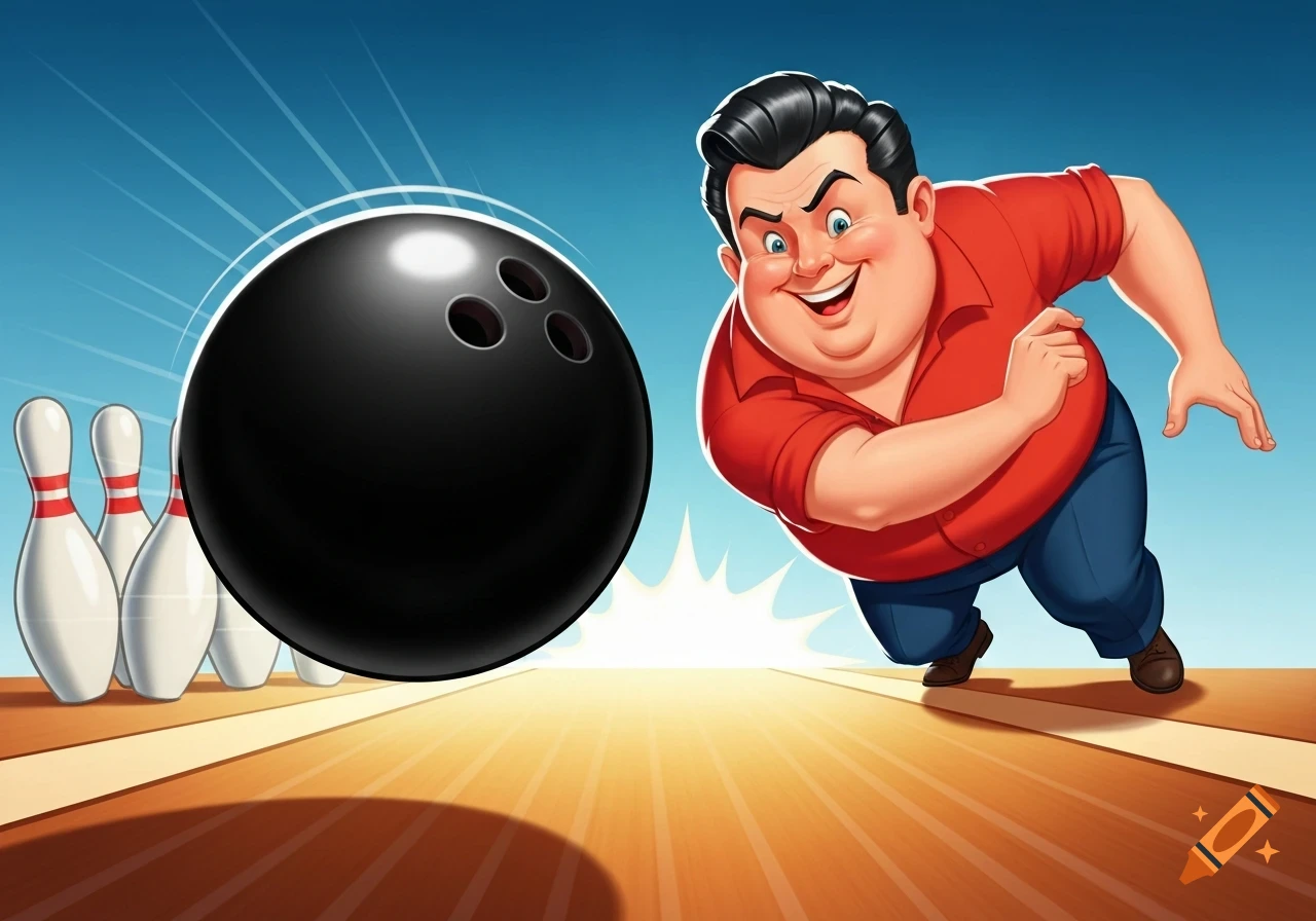 A vintage cartoon-style image of a chubby man in a red shirt bowling, with a black bowling ball rolling towards pins.