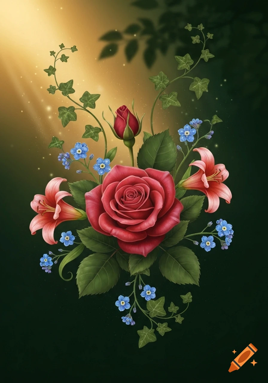 A vibrant floral arrangement with a prominent red rose, pink lilies, blue forget-me-nots, and green ivy against a dark and golden background.