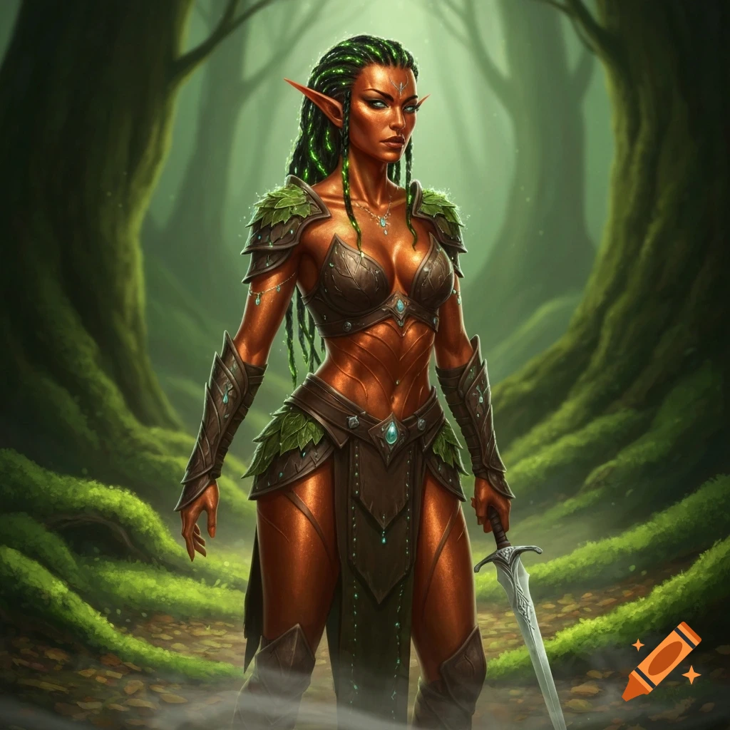 A female wood elf with shiny copper skin and green dreadlocks stands in a lush forest, wearing armor and holding a sword, in a fantasy art style.