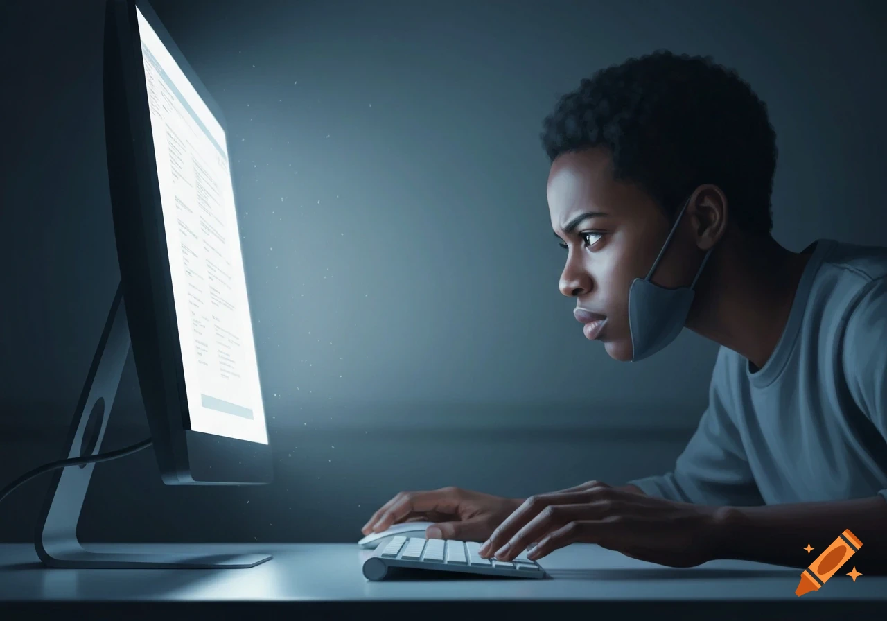 A Black person with a mask under their chin intensely studies a brightly lit computer screen in a dim room, typing and using a mouse.