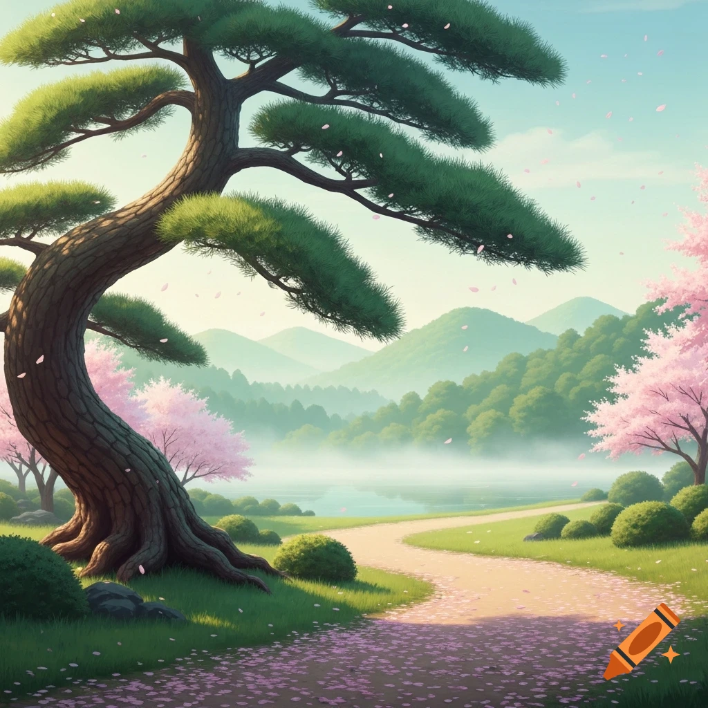 A serene Japanese landscape with a large bonsai-style tree, a winding path covered in pink petals, misty lake, and cherry blossoms.