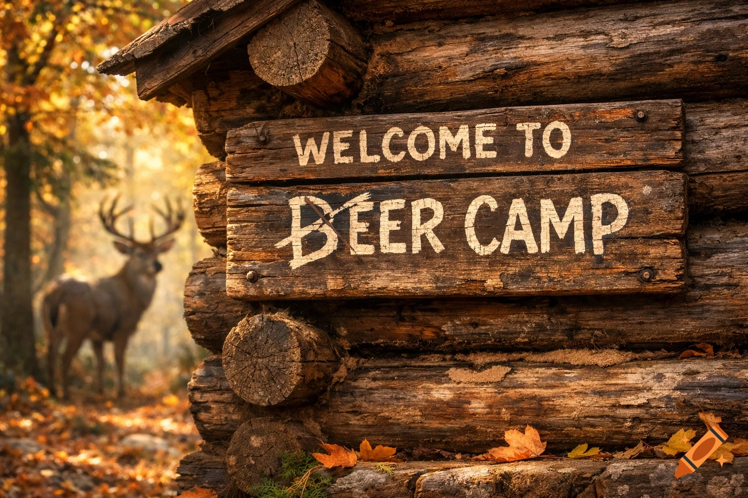 A rustic wooden cabin with a sign 'WELCOME TO BEER CAMP'. A deer stands in the blurred autumn forest background.