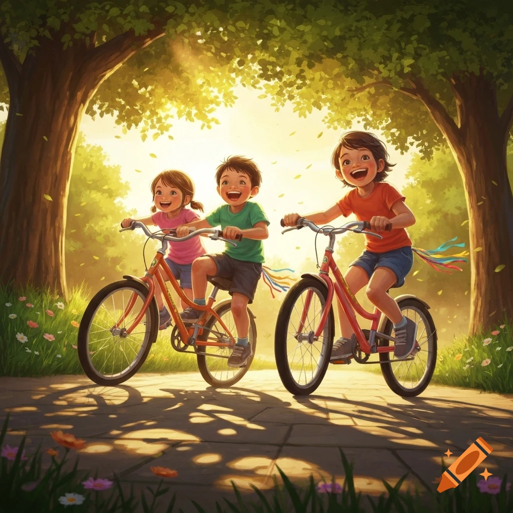 Three joyful children ride bicycles on a sun-dappled path in a park, rendered in a vibrant illustrative style.