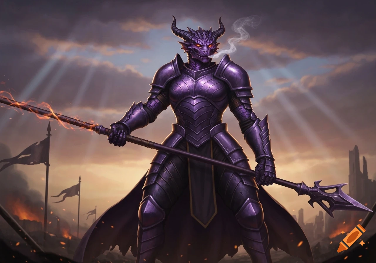 A purple dragonborn knight in dark armor with glowing red eyes and smoke from its mouth holds a fiery lance on a battlefield.
