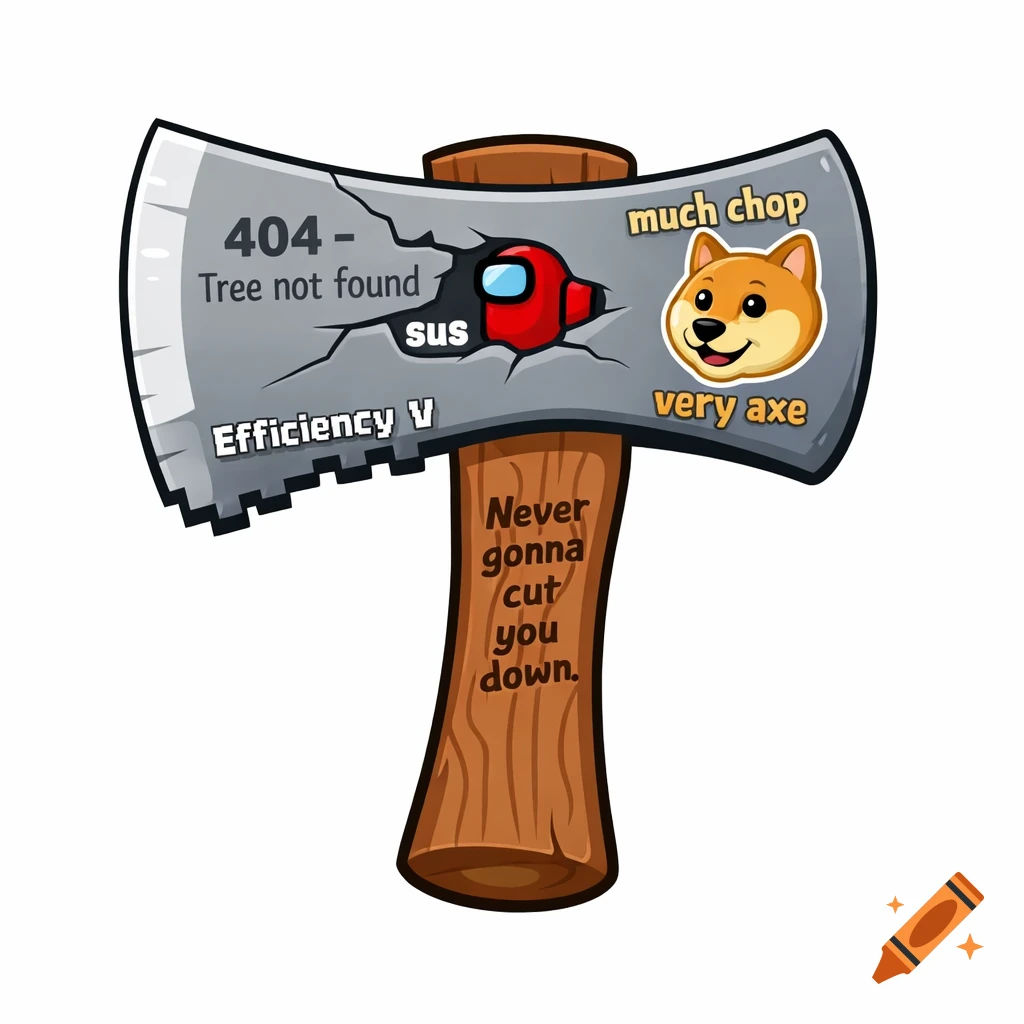 Cartoon axe with an Among Us character, Doge, '404 - Tree not found', 'Efficiency V', and 'Never gonna cut you down' text.
