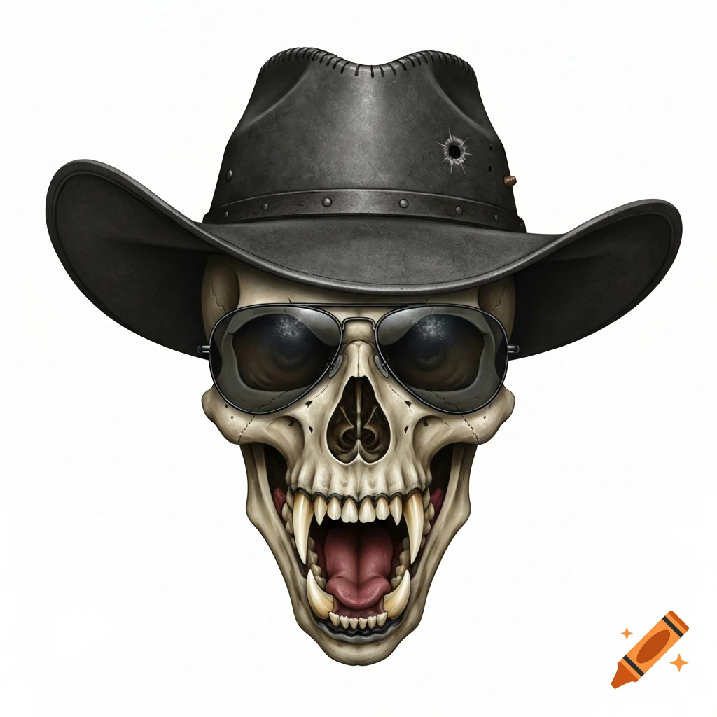 A stylized skull wearing aviator sunglasses and a dark grey cowboy hat with a bullet hole, featuring prominent wolf fangs.