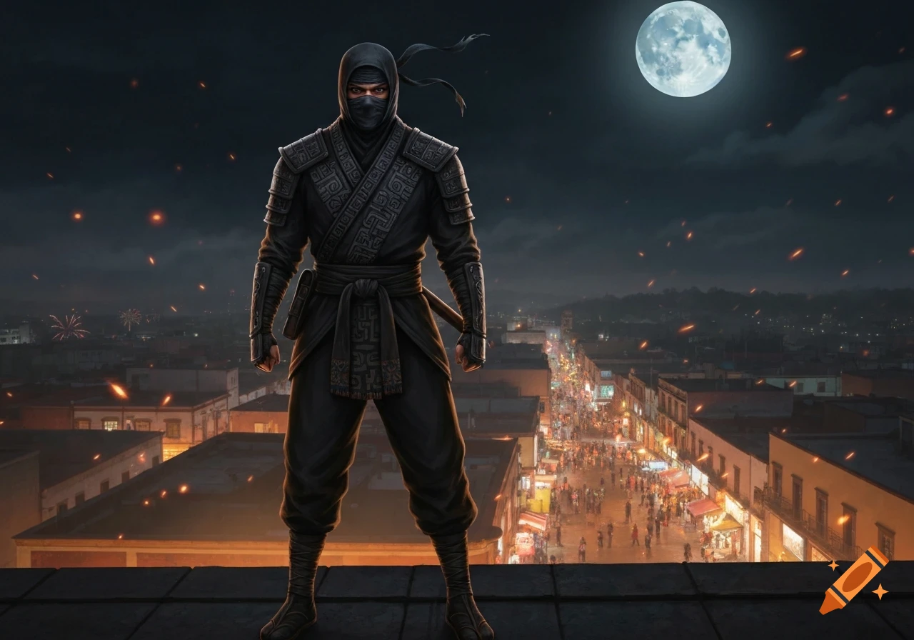 A ninja in black armor stands on a rooftop overlooking a vibrant, lit-up city street at night under a full moon, with glowing embers.