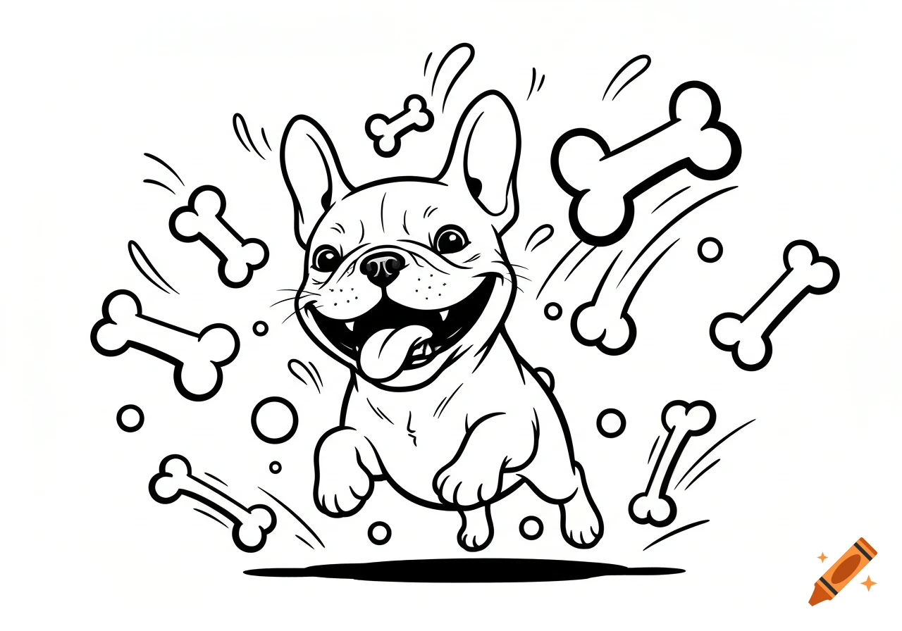 A playful black outline cartoon drawing of a happy French Bulldog puppy jumping amidst flying bones.