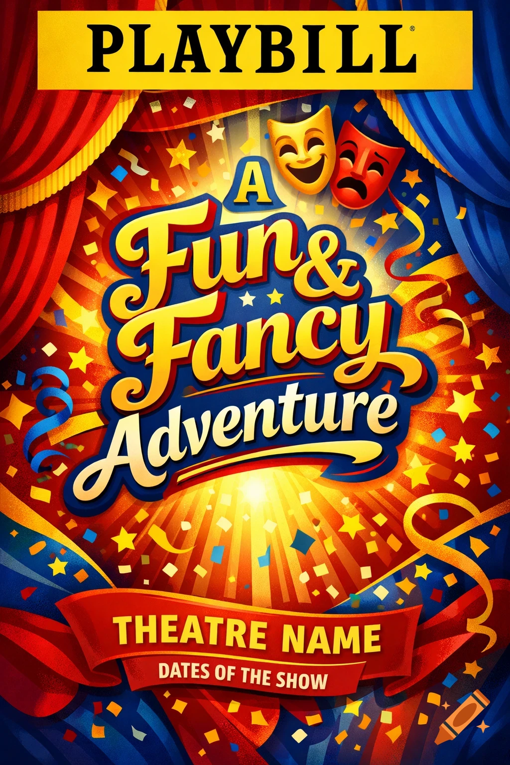 Vibrant cartoon playbill for 'A Fun & Fancy Adventure' with red and blue curtains, theatre masks, confetti, and a spotlight.