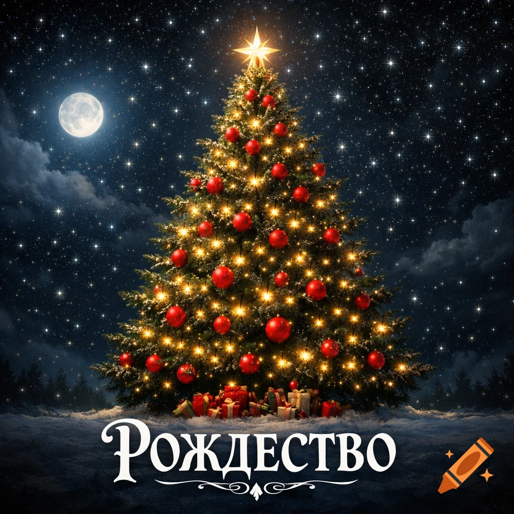 A lit Christmas tree with red ornaments and gifts under a starry night sky with a full moon. The word "РОЖДЕСТВО" is at the bottom.