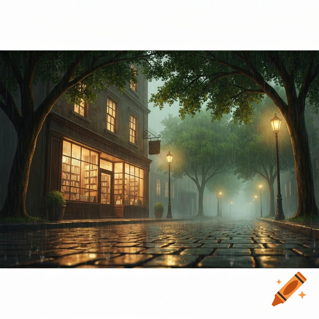 A warmly lit bookstore on a wet cobblestone street, lined with trees and street lamps, during a rainy evening.