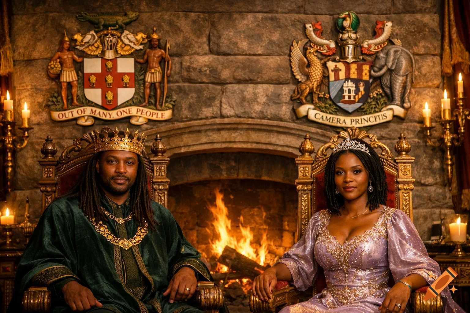 A king and queen sit on ornate thrones in a majestic stone room with a fireplace, wearing crowns and regal robes, looking forward.