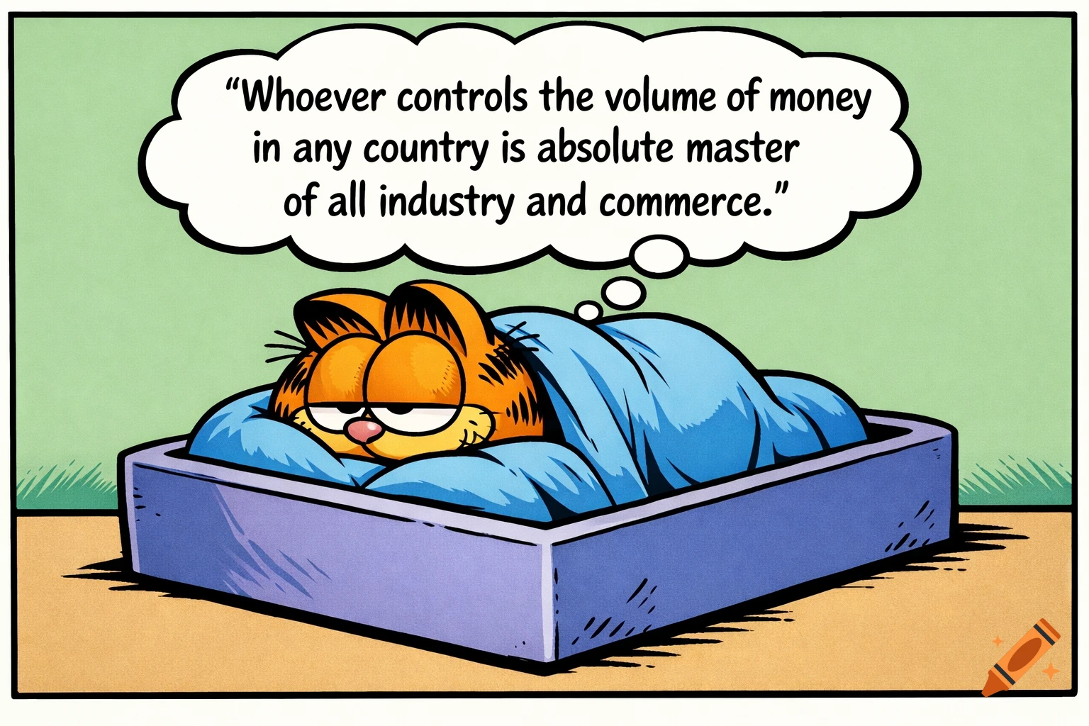 A Garfield comic panel shows a sleepy Garfield in a purple box bed, covered by a blue blanket, with a thought bubble above his head containing a quote.