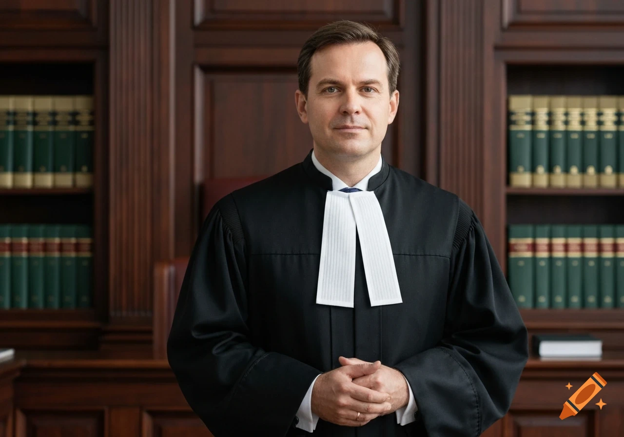 A male lawyer or judge in a black gown and white bib stands in a formal setting with bookshelves, looking forward.
