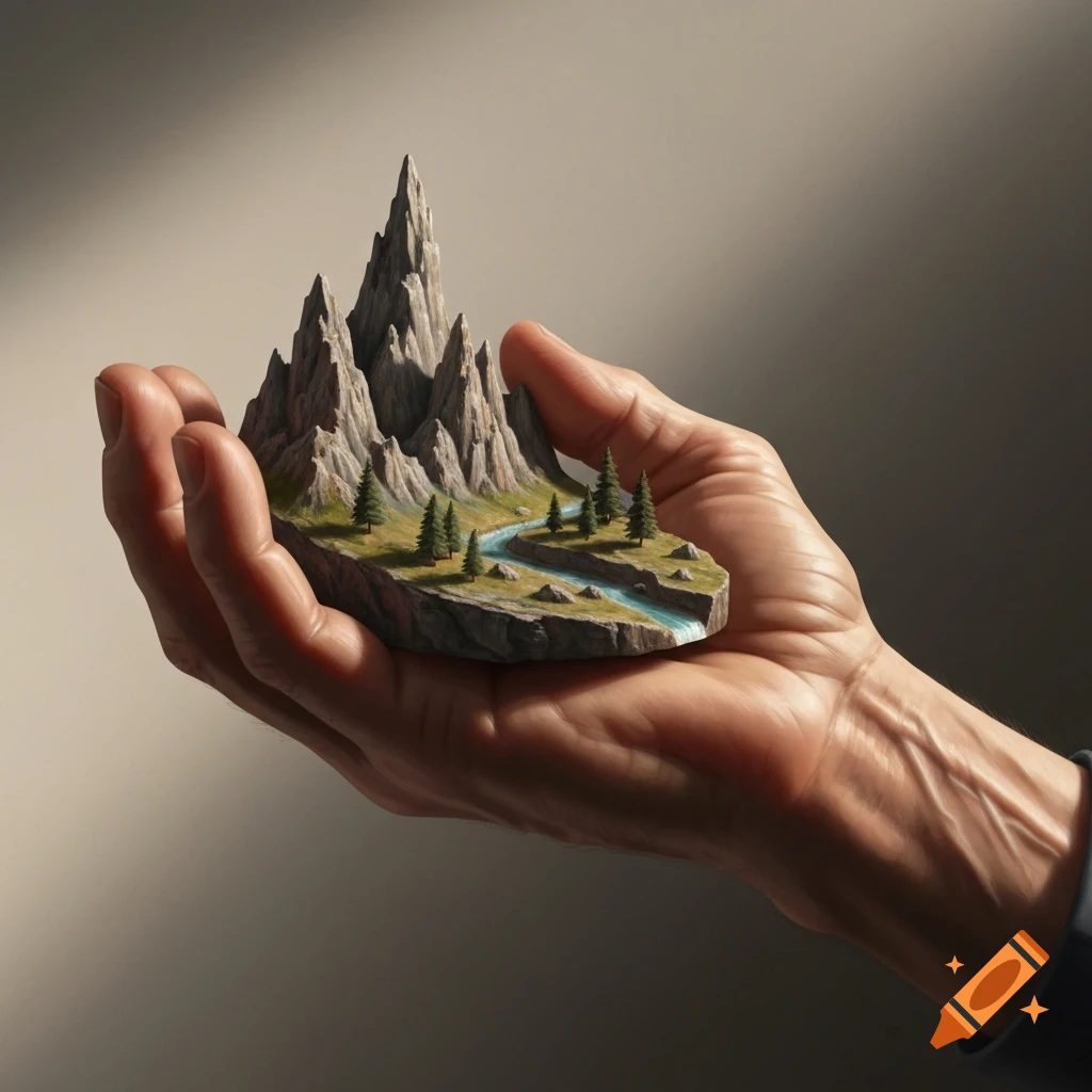 A human hand gently cradles a miniature landscape featuring jagged mountains, pine trees, and a winding river.