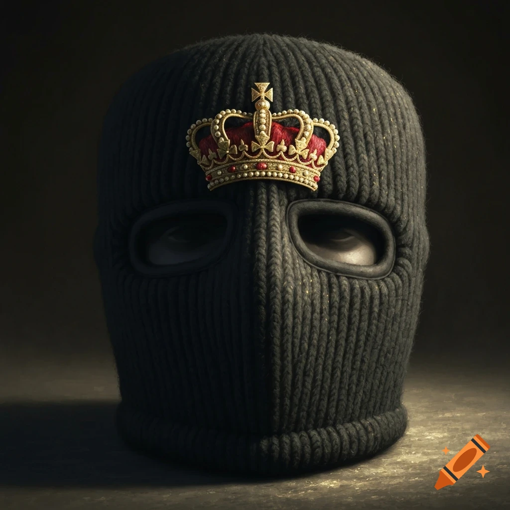 A black knitted ski mask with a golden crown, adorned with red jewels, embroidered on its forehead. Photorealistic style.