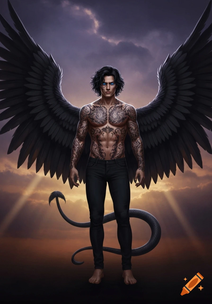 A detailed illustration of a dark-haired man with blue eyes, intricate chest tattoos, large black wings, and a long tail, standing against a sunset sky.